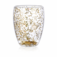 Vaso de Vidrio Reutilizable de Doble Pared con Aislamiento Térmico, Diseño de Estrellas Brillantes, 350 ml, Dorado y Plateado, para Fiestas en Casa, Bar, Café, Té, Cócteles, Regalo