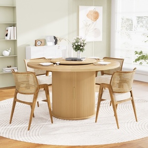 Table à manger ronde moderne avec rangement et plateau tournant, plateau en panneaux de particules et MDF de 55 pouces, pieds en bois, écologique et durable - Product Image 1