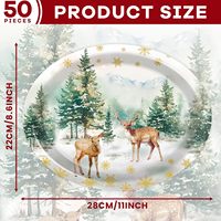 50 Assiettes en papier ovales de Noël à motif de rennes de dessin animé, 11 pouces, vaisselle jetable avec design d'arbres et de flocons de neige