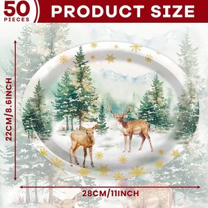 50 Assiettes <span class=keywords><strong>en</strong></span> papier ovales de Noël à motif de rennes de dessin animé, 11 pouces, vaisselle jetable avec design d'arbres et de flocons de neige - Product Image 2