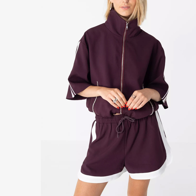 Custom 2026 Women's Burgundy Rhinestone Track Jacket and Shorts 2 Pieces Sets Sporty Zip up with Contrast White Stripes, OEM/ODM