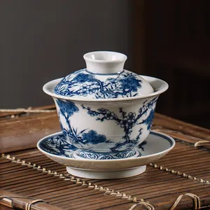 Zhongjiayao Kungfu Tea Set Covered Bowl Jingdezhen Porcelain Handmade Firewood Kiln Blue And White Ceramic Bamboo Plum Tea Bowl