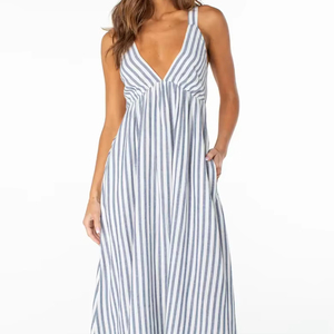 Robe longue décontractée en lin mélangé à rayures verticales bleues et blanches, col en V, sans manches, dos nu, ourlet à volants, fluide, pour les vacances d'été - Product Image 2