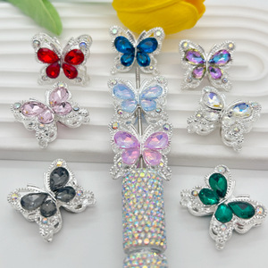Cuentas de agujero recto de mariposa de cristal de doble cara, cuentas de pluma DIY con incrustaciones de diamantes de aleación pesada para componentes de accesorios de joyería - Product Image 1