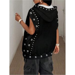 Sudadera con Capucha sin Mangas para Mujer, Tallas Grandes, Estilo Gótico Punk, con Remaches, Cordón Ajustable, Tejido de Punto, 320g - Product Image 2