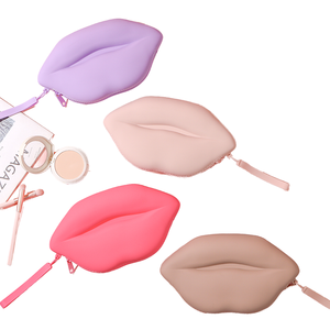 Sac de rangement de maquillage multifonctionnel personnalisé, imperméable, grand format, en forme de lèvres, avec poignée souple, fermeture éclair, en silicone - Product Image 1