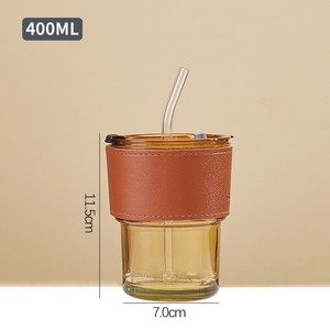 Nhà Sản Xuất Cà Phê Cốc Thủy Tinh 400Ml Da Tay Áo Slub Cốc Thủy Tinh Với Nắp Và Rơm Cà Phê Chai Nước Thủy Tinh Uống - Product Image 5