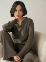 Pull en cachemire 100 % pour femme, col polo, col en V ouvert, coupe ample, manches longues, style minimaliste, décontracté, pour tous les jours