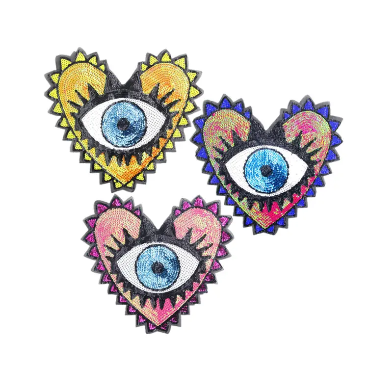 hot sale large size sew on colored sequined heart eye patch for woman hoodie