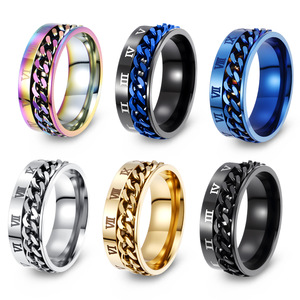 <b>Titanium</b> Rings Men Roman Numerals Rotating <b>Chain</b> Design Punk Style Daily Wear Jewelry Gift Accessory - Product Image 1
