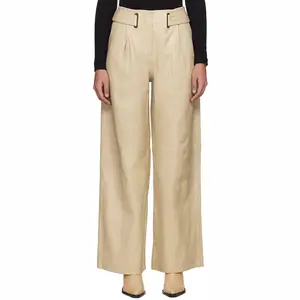Bej deri pantolon geniş gevşek uzun pantolon deri özel geniş bacak LWG sertifikalı taneli koyun derisi pantolon kadınlar