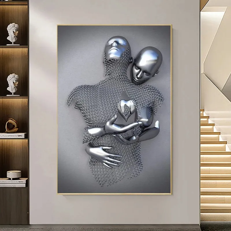 Nordic Nude Couples Metal Figure Statue Art Canvas Lover Sculpture Poster Print Wall Picture Painting for Living Room Home Decor