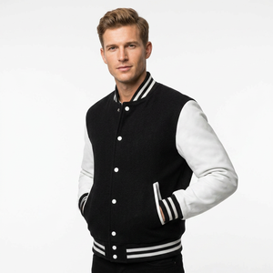 Veste de sport noire pour homme avec manches blanches, col rabattu, fermeture à boutons, style preppy, vêtement d'automne - Product Image 1