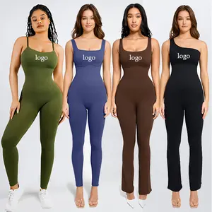 Wholesale New Wide Leg Flared Square Neck Playsuits Fitness Bodysuit Workout Women Gym Sport 1 Piece Yoga Jumpsuit For Women