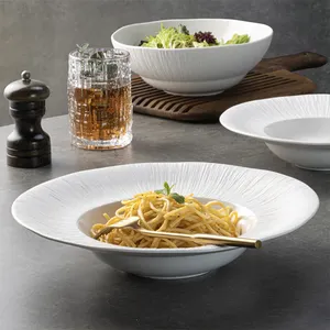 YAYU Private Label Catering Porcelain Matte White Lined Dinnerware Ceramic Deep Soup Dish Salad Plates