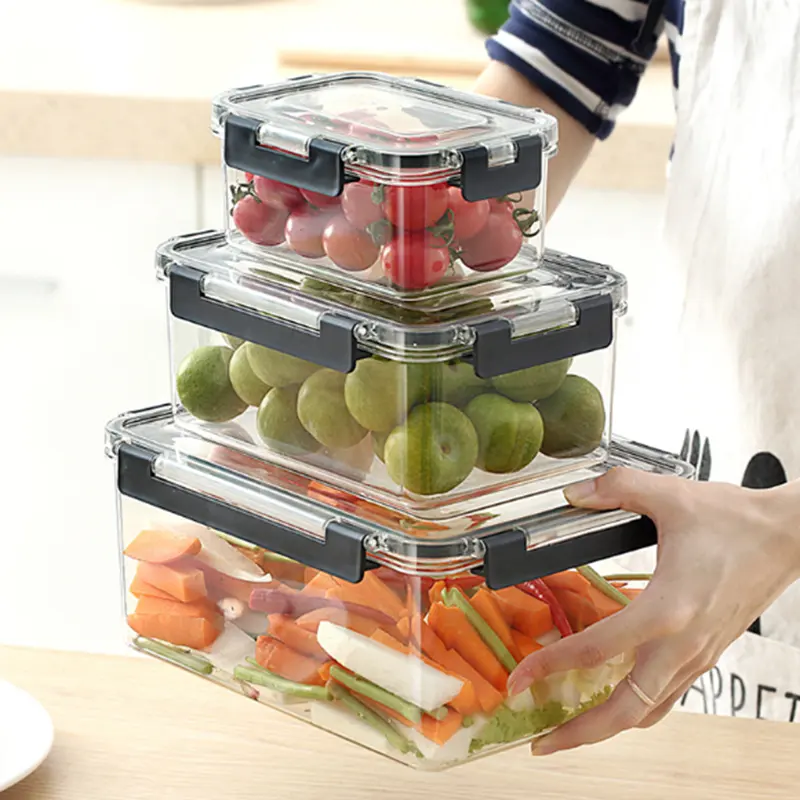 Retangular de armazenamento de vegetais e frutas, reutilizável, inquebrável, plástico transparente, geladeira, recipientes de armazenamento com tampas herméticas