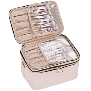 Double Layer Travel Makeup Bag Wtih Strap, Large Custom Cosmetic Case Organizer Fits Bottles, Brushes, Tweezers, Eyeliner