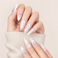 Miss Gel 32PCS Champagne Silver Glitter Press on Nails Long Stiletto White V French Snowflake Crystal Flower Glue on Nails
