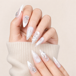 Miss Gel 32 <span class=keywords><strong>Uñas</strong></span> Postizas de Gel con Purpurina Plateada Champán, <span class=keywords><strong>Uñas</strong></span> Postizas <span class=keywords><strong>Largas</strong></span> Stiletto <span class=keywords><strong>Blancas</strong></span> con Diseño Francés, Copo de Nieve, Cristal y Flores - Product Image 4