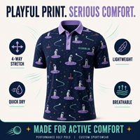 Polos de golf personnalisés par sublimation, imprimé astronaute, performance en micro-mesh, séchage rapide, extensibles, uniforme pour événements d'équipe, fabricant OEM, tailles S-4XL