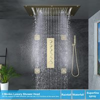 Ensemble de robinetterie de douche thermostatique à trois poignées en laiton, fixation murale, avec pommeau de douche rectangulaire à jet pluie, finition brossée, design contemporain