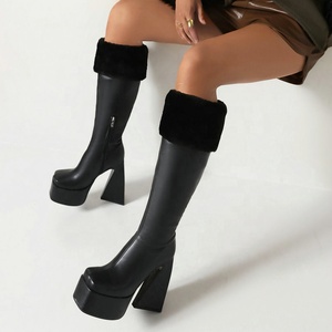 Winter Fur Top Turn Over Women Platform Knee High <b>Boots</b> Square Toe Long Booties High Chunky Heels Shoes - Product Image 1