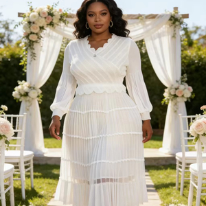 Gaun Midi Lipit Warna Solid Lengan Lentera Aksesoris Logam Kerah V Kasual Elegan Miyaki Ukuran Besar untuk Wanita - Product Image 1