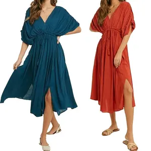 2022 femmes élégant casual 100% rayonne cordon v-cou drapé plissé plage plus la taille robes d'été