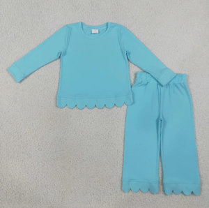 Vêtements de nuit pour petites filles, couleur unie, bordure festonnée, haut à manches longues, pantalon à jambes larges, tenue de pyjama décontractée pour la maison - Product Image 5