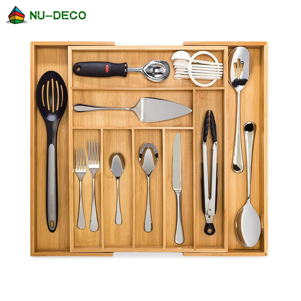 Adjustable bamboo wood kitchen drawer utensil organizer cutlery tray