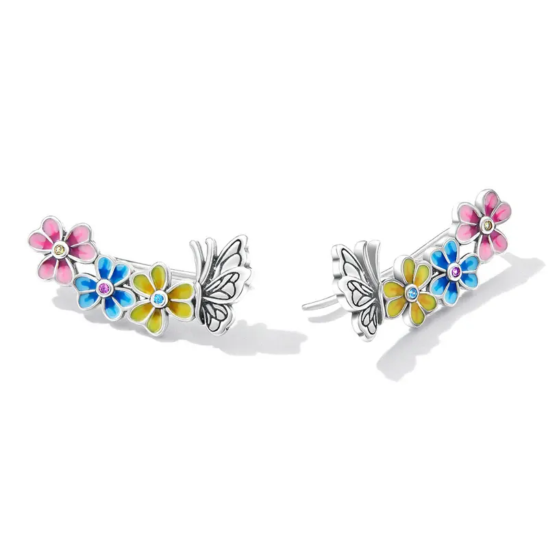 Earring Earring 925 Sterling Silver Female Butterfly Ear Crawler Enamel Floral Wrap Stud Earrings Pink Flower Cuff Earrings