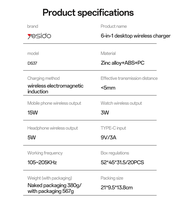 Chargeur sans fil de bureau Yesido 6-en-1 15W à charge rapide avec affichage LED de l'heure, veilleuse et protections multiples DS37