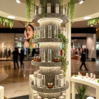 Kiosque de beauté circulaire sur mesure en bois, comptoir d'exposition de cosmétiques pour la promotion de produits de soin de la peau en centre commercial