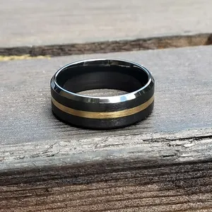 8mm Beveled Titanium Mens Wedding Bands Matt Finish Sold 14K Gold Inlay Fashion Jewelry Black Zirconium Ring