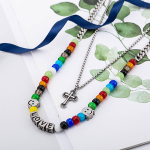 yunnique European American Retro Punk Colorful Glass Bead Cross Double Layer Necklace Unisex <b>Titanium</b> Steel <b>Chain</b> Love Pendant - Product Image 2