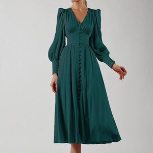 Nuevos Vestidos de Mujer Elegantes con Cuello en V, Manga Farol y Cintura Ajustada en Satén - Product Image 6