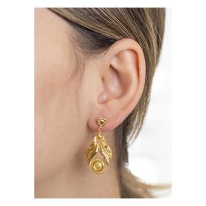   Boucles d'oreilles pendantes en or 22 carats avec perle d'eau douce et diamant, design géométrique, pour mariages, fêtes, cadeau idéal - Product Image 2