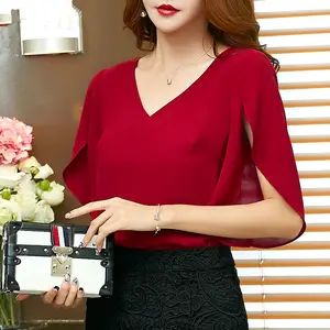 Günstige Sommer-Chiffon-Blusen mit V-Ausschnitt im koreanischen Stil Elegante Damen büro-Rüschen bluse in Übergröße