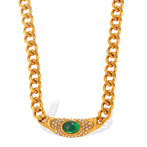 Collier pendentif œil de chat en acier inoxydable plaqué or 18 carats, chaîne cubaine, pierre verte ovale, bijoux pour femmes - Product Image 5