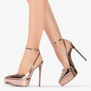 Sandalias de tacón alto de plataforma gruesa de charol para mujer, talla grande 45, ajuste ancho, con tiras al tobillo y diseño calado, para verano - Product Image 5