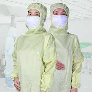 Gele mesh cleanroom overall met oorkap, speekselbeschermer, ID-gesp en zak voor precisieproductie - Product Image 1