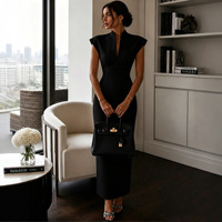 Robe élégante de bureau pour femmes, sans manches, col haut, moulante, col en V, tissu structuré, pour réunions de bureau, soirées, femmes