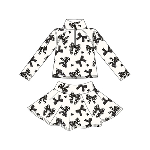 Ropa Casual de Moda para Niños, Primavera, Estampado de Flores con Lazo Negro, Sudadera con Cremallera de Manga Larga, Falda-Pantalón, Poliéster Suave y Elástico, Activo - Product Image 1