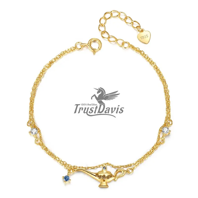 TrustDavis 100% 925 Real Sterling Silver Little Lamp Zircon Pendant Bracelet For Women Gold Plated Fashion Party Jewelry L121