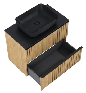 Modern Fluted Wall Mounted <strong>Bathroom</strong> <strong>Cabinet</strong> <strong>Wood</strong> Color with Water-Resistant Ceramic Basin for Apartment Hotel or Villa - Product Image 4