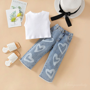 Set di abiti estivi <span class=keywords><strong>per</strong></span> ragazze alla moda Set di vestiti <span class=keywords><strong>per</strong></span> bambini gilet senza maniche <span class=keywords><strong>per</strong></span> ragazze <span class=keywords><strong>pantaloni</strong></span> <span class=keywords><strong>larghi</strong></span> in Denim abbigliamento <span class=keywords><strong>per</strong></span> bambini - Product Image 2