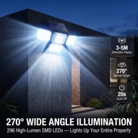 Lampe solaire avancée à détecteur de mouvement 296 LED, 4 panneaux pliables, double détection de mouvement PIR pour extérieur et jardin