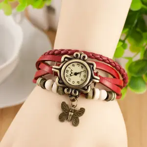 Montre Vintage avec pendentif papillon pour femmes, Bracelet en cuir, tissé à la main, vente en gros, tendance, nouvelle collection