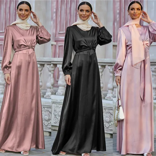 2022 yeni tasarımlar toptan düz saten Abaya Dubai geleneksel müslüman giyim ve aksesuar için müslüman uzun kollu Maxi elbise