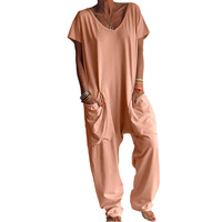 Combinaison Femme Col V Ample avec Poches Cargo, Entrejambe Bas, Jambes Larges, Été, Vente en Gros, Personnalisable OEM
